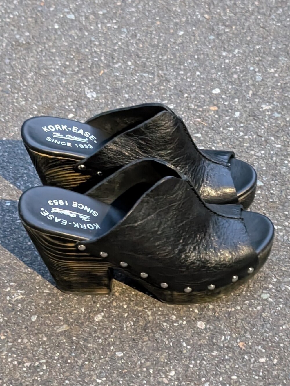 Kork-Ease Black Leather Studded Clog Wedge Sandals (Excellent Preloved Condition